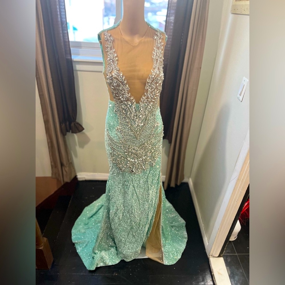 Teal & Silver Bodice Prom Dress